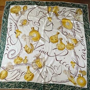 Nina Ricci Elegant Cream and Green Scarf with Perfume Bottle Design Silk Scarf.